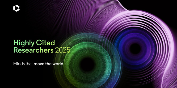 Logo/abstrakte Darstellung: zwei ineinanderfließende ringförmige Wellen in Aufsicht (linke Welle in verschiedenen Grün- und Blautönen, rechte Welle in Violett); links neben der Darstellung die Schrift: &quot;Highly Cited Researchers 2025 - Minds that move the World)<address>© Clarivate</address>