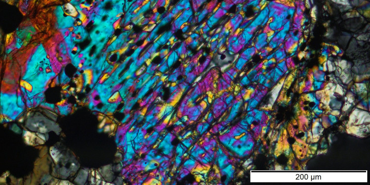 Relict beam-shaped chondrules are visible in the Kindberg meteorite under a polarising microscope.<address>© Addi Bischoff</address>