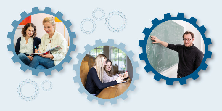 Symbolfoto: Drei Zahnräder die jweils ein anderes Bild zum Thema Studium und Lehre zeigen (Dozent an der Tafel, Studierende im gespräch und im Hörsaal).<address>© Uni MS - Nike Gais/Peter Leßmann/Johannes Wulf</address>