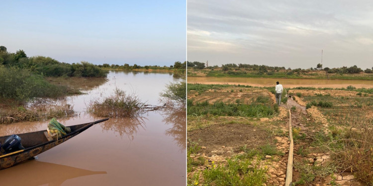 Das linke Bild zeigt einen Teil des Flusses Falémé. Er ist verschmutzt. Die Spitze eines Bootes ragt von links in das Bild hinein. Das rechte Foto zeigt eine vertrocknete Ackerfläche<address>© Emma Wendt</address>