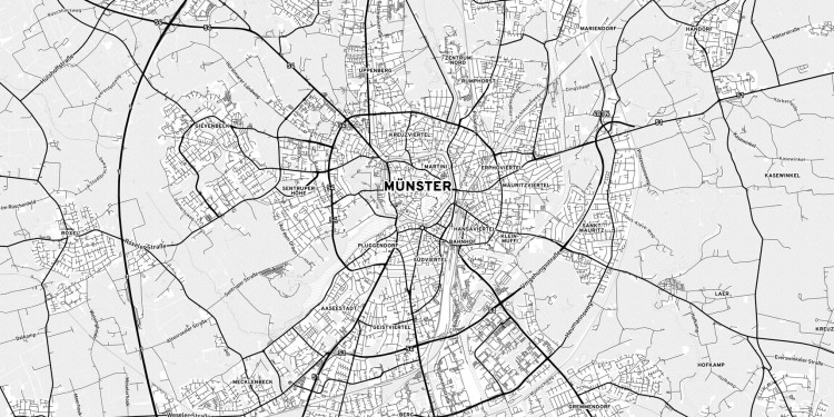 Die Abbildung zeigt eine schwarz-weiße Stadtkarte von Münster. Zu sehen sind das Stadtzentrum und die umliegenden Viertel, verbunden durch ein dichtes Netz aus Straßen und Hauptverkehrsachsen. Stadtteile wie Kreuzviertel, Hansaviertel, Geistviertel, Gievenbeck, Coerde und Hiltrup sind klar beschriftet, ebenso größere Ausfallstraßen und Ringverbindungen. Die Karte vermittelt einen Überblick über die räumliche Struktur und Gliederung Münsters.<address>© stock.adobe.com - Knut Hebstreit</address>