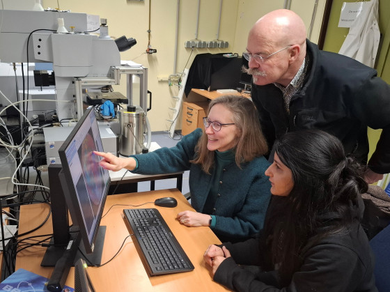 Prof. Dr. Harald Hiesinger, Dr. Carolyn van der Bogert (links) und Dr. Wajiha Iqbal im Spektroskopielabor des Instituts für Planetologie.<address>&copy; Institut für Planetologie</address>