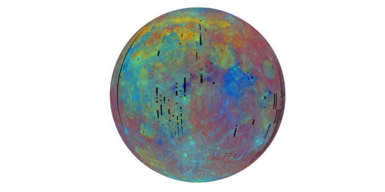 False-colour image composite of the moon taken through three colour filters by the NASA Clementine mission.<address>&copy; NASA</address>