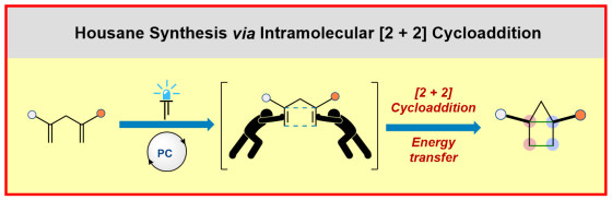 Grafik (symbolische Reaktionsgleichung): Aus einem Ausgangsmolekül (einem 1,4-Dien) entsteht mit Lichtenergie ein ringförmiges Hausan-Molekül.<address>&copy; AK Glorius</address>