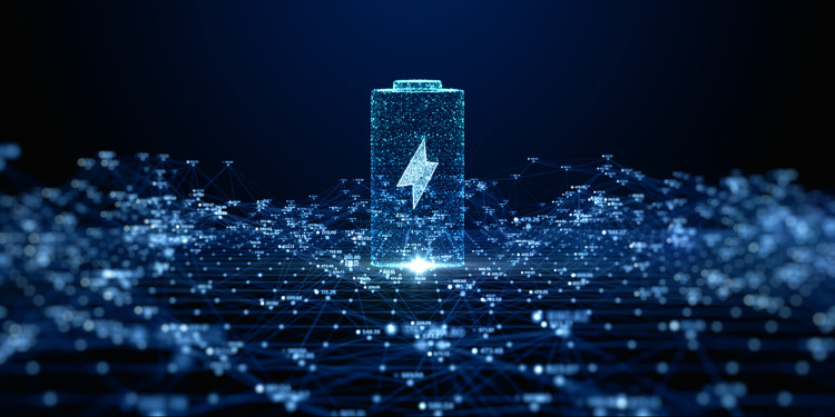 Symbolic image: A futuristic-looking battery with an illuminated outline against a dark background. The lower half of the image is diffusely filled with an illuminated network.<address>&copy; KanawatTH - stock.adobe.com</address>