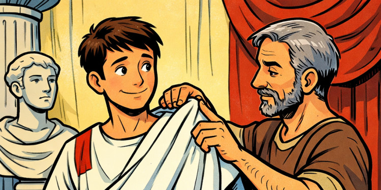 Zu sehen ist eine KI-generierte mehrfarbige Grafik. Sie zeigt, wie einem jungen Mann eine Toga angelegt wird.<address>&copy; Schreiber/ KI-generiertes Bild</address>