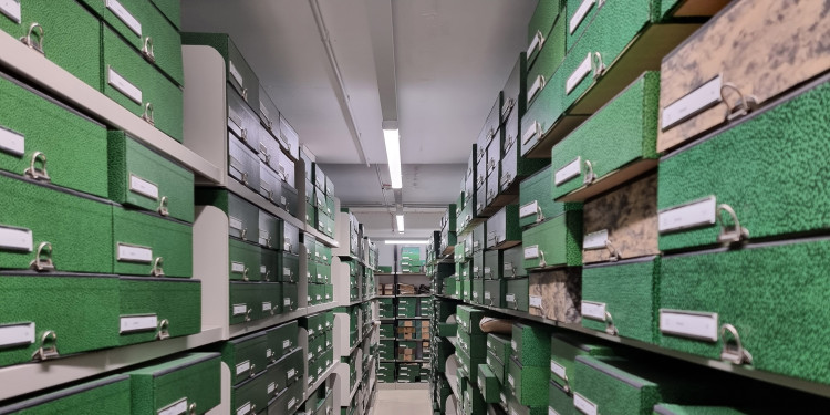 Zu sehen sind Regale mit Archivalien.<address>&copy; Uni MS - Brigitte Heeke</address>