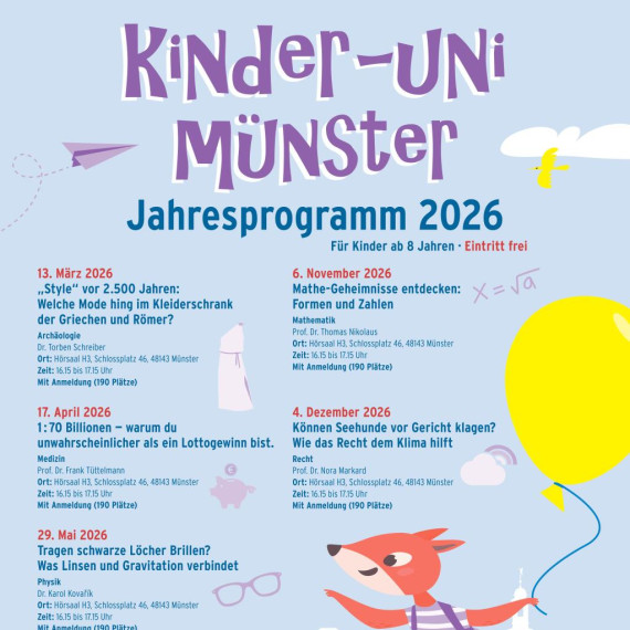 Zu sehen ist das Plakat der Kinder-Uni mit allen aktuellen Terminen 2026.<address>&copy; Aschendorff Medien</address>