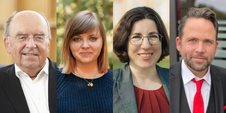 Das Bild zeigt einen Zusammenschnitt der vier Porträts von Prof. Dr. Dr. Otmar Schober, Wiebke Neelsen, Dr. Nora Kluck und Christoph Tiemann (von links)<address>&copy; NRW-Akademie der Wissenschaften und der Künste/Johannes Wulf/Thomas Mohn/Jan Hering</address>