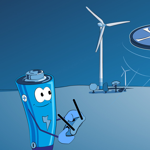 Comicartige Illustration: Eine blaue Batterie steuert eine Flugdrohne, im Hintergrund ist ein Windkraftwerk zu sehen<address>&copy; MEET - Andre Bar</address>