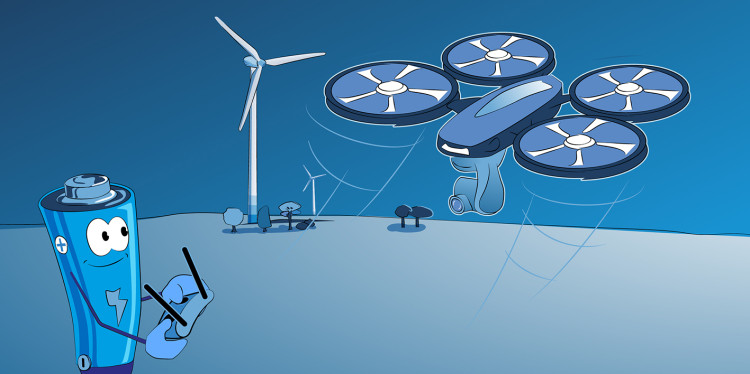 Comicartige Illustration: Eine blaue Batterie steuert eine Flugdrohne, im Hintergrund ist ein Windkraftwerk zu sehen<address>&copy; MEET - Andre Bar</address>