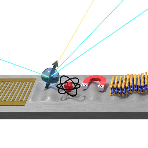 Illustration of surface acoustic waves: Surface acoustic waves (SAWs) are used across almost all disciplines in nanoscience. These nanoscale sound waves can be generated by an electrode structure on a chip (left). They are employed, for example, to control or read out single photons, qubits, artificial atoms, magnetic systems, novel 2D materials, or even living cells in biomedical applications (from left to right).<address>&copy; AG Krenner – Matthias Weiß</address>