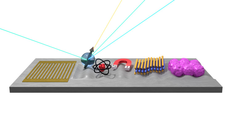 Illustration of surface acoustic waves: Surface acoustic waves (SAWs) are used across almost all disciplines in nanoscience. These nanoscale sound waves can be generated by an electrode structure on a chip (left). They are employed, for example, to control or read out single photons, qubits, artificial atoms, magnetic systems, novel 2D materials, or even living cells in biomedical applications (from left to right).<address>&copy; AG Krenner – Matthias Weiß</address>