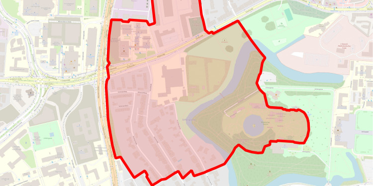 Das Bild zeigt einen Kartenausschnitt. Rot markiert ist ein Gebiet, das evakuiert werden müsste.<address>&copy; Feuerwehr Münster/OpenStreetMap-Beitragende</address>