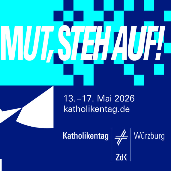 Zu sehen ist ein Plakat des 104. Deutsche Katholikentags, das neben abstrakten geometrischen Formen die Eckdaten der Großveranstaltung beinhaltet.<address>&copy; katholikentag.de</address>