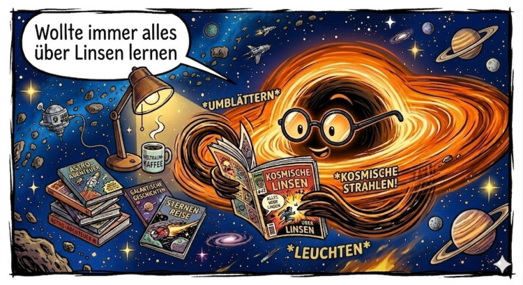 Auf der Illustration ist ein Planet mit Gesicht und Brille zu sehen, im Stil einer Comicfigur. Diese liest in einem Comicheft zum Thema kosmische Linsen. Um die Figur herum schweben weitere Bücher, technisches Gerät, eine Schreibtisch-Lampe sowie eine dampfende Kaffeetasse.<address>&copy; Karol Kovařík/ KI-generiertes Bild</address>