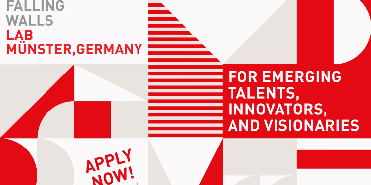 Das Bild zeigt eine Grafik in den Farben Weiß, Rot und Grau. Neben geometrichen Formen ist unter anderem der Schriftzug „Falling Walls Lab Münster, Germany“ auf dem Bild zu sehen.<address>&copy; Falling Walls</address>