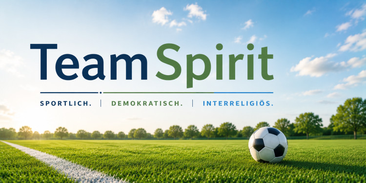 Auf dem KI-generierten Bild ist ein Fußballfeld zu sehen, auf dem ein Fußball liegt. Darüber steht der Slogan des Turniers: TeamSpirit – Sportlich. Demokratisch. Interreligiös<address>&copy; KI-generiertes Bild</address>