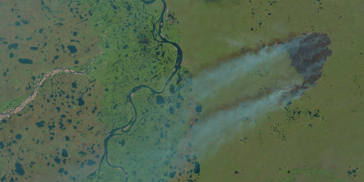 Die Satellitenaufnahme aus dem Jahr 1990 zeigt ein aktives Feuer nahe der russischen Siedlung Tazovsky in Westsibirien, einem wichtigen Zentrum für die Gasförderung.<address>&copy; USGS/NASA/Landsat 4</address>