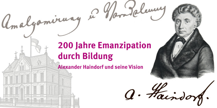 Zu sehen ist eine Grafik mit einem Porträt von Alexander Haindorf und weiteren Elementen aus seinem Leben und Wirken.<address>&copy; Ludger Hiepel</address>