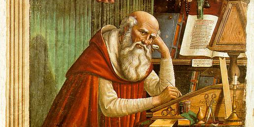 Das Bild zeit ein Gemälde. Auf ihm ist Hieronymus abgebildet. Er trägt ein rot-weißes Gewand und sitzt an einem Schreibpult. Hinter ihm sind Bücher zu sehen.<address>&copy; Wikimedia Commons</address>
