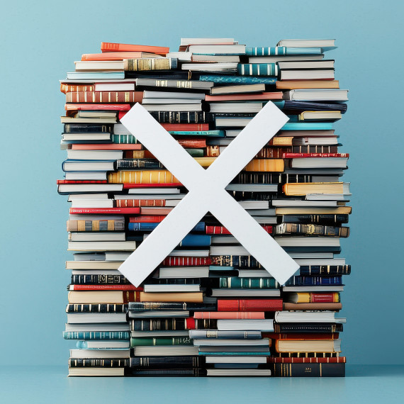 Auf dem Bild sieht man einen Stapel Bücher, davor ein großes weißes X. Diese Komposition soll Bücherverbote symbolisieren.<address>&copy; stock.adobe.com - Weerapat (Generiert mit KI)</address>
