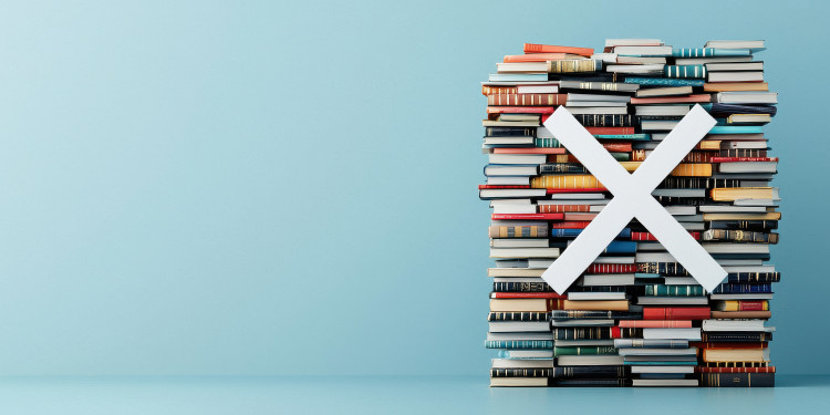 The image shows a stack of books with a large white X in front of them. This composition is intended to symbolise book bans.<address>&copy; stock.adobe.com - Weerapat (generated with AI)</address>