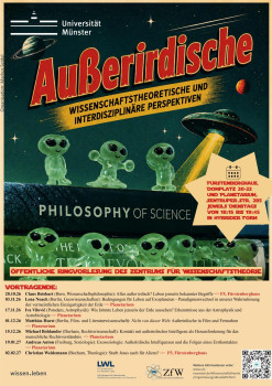 Zu sehen ist das Plakat der Ringvorlesung mit organisatorischen Angaben, UFOs und kleinen grünen Männchen.<address>&copy; ZfW</address>