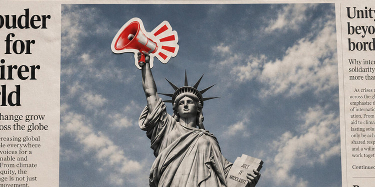 Zu sehen ist eine Fotomontage, die eine Freiheitsstatue mit Megaphon in der Hand zeigt.<address>&copy; Uni MS – Web und Design</address>